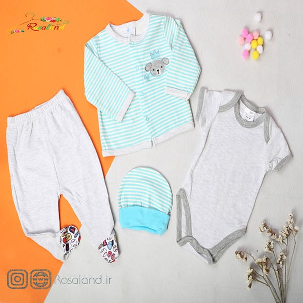 چهارتکه نوزادی پسرانه طرح خرس تاج دار