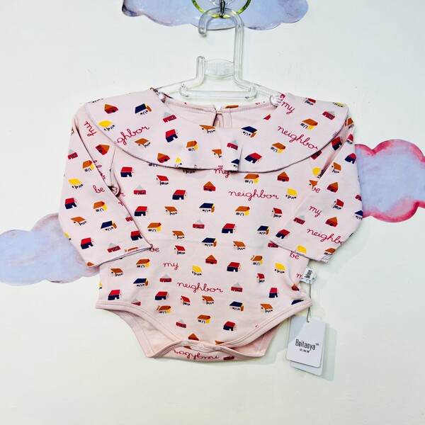 بادی نوزادی دخترانه طرح خانه رنگ صورتی